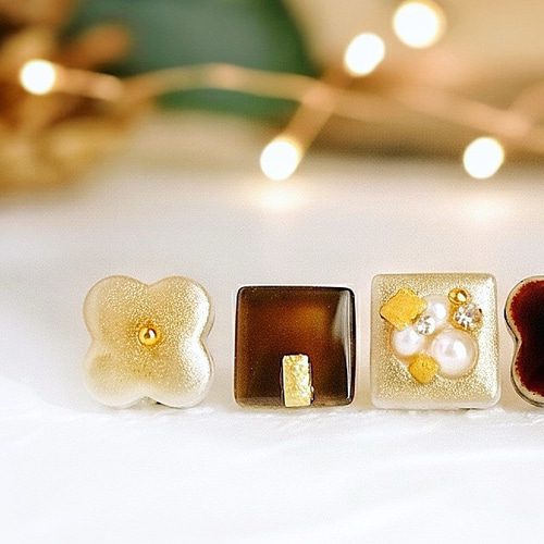 【no.1155】ブラウン　ラメ　ハンドメイドアクセサリー　ピアス　イヤリング ゴールド×ブラウン 花 美濃焼 ガラス ピアス 陶器 イヤリング 【送料