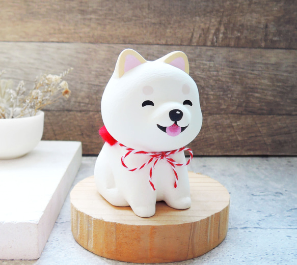 笑顔がかわいい小さな柴犬白柴犬人形ペンスタンド装飾手作り木製癒しの小さな木彫り 1枚目の画像