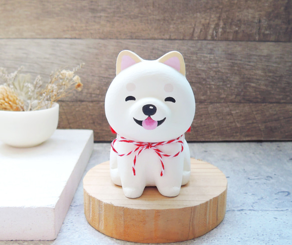 笑顔がかわいい小さな柴犬白柴犬人形ペンスタンド装飾手作り木製癒しの小さな木彫り 2枚目の画像