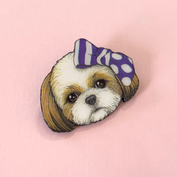 シーズー  ブローチ　オリジナル イラスト 犬 いぬ わんちゃん　ドット リボン　紫 3枚目の画像