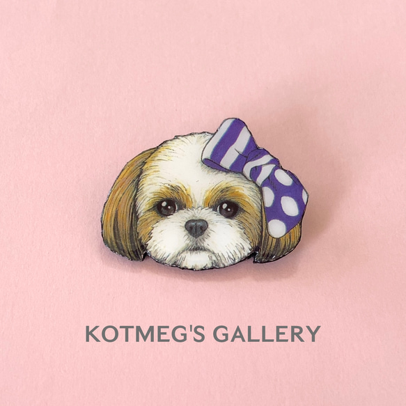 シーズー  ブローチ　オリジナル イラスト 犬 いぬ わんちゃん　ドット リボン　紫 1枚目の画像