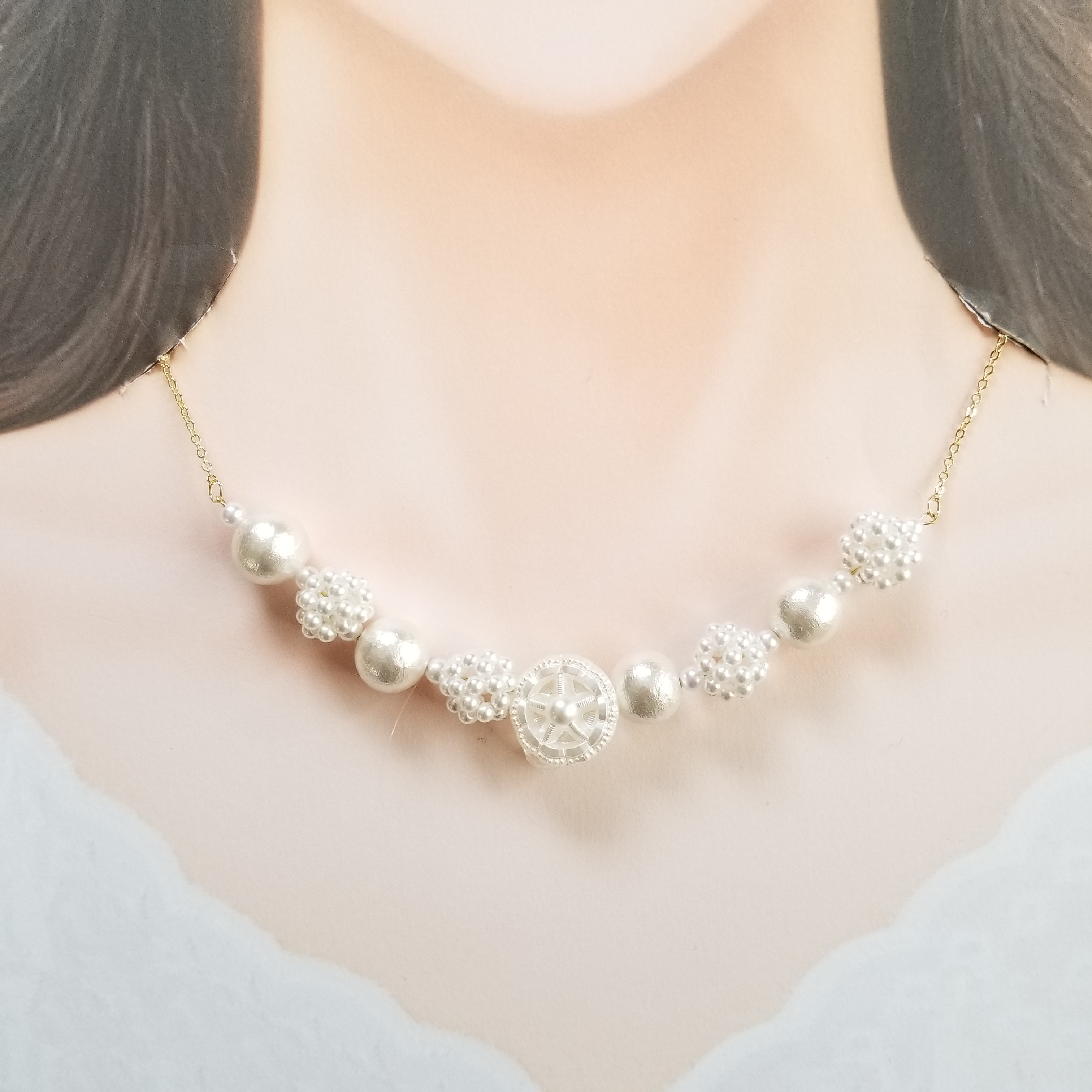 ゾエホワイト　ヴィンテージジボタンのネックレス　結婚式、成人式、卒業式、セレモニー、入学式、セレモニー