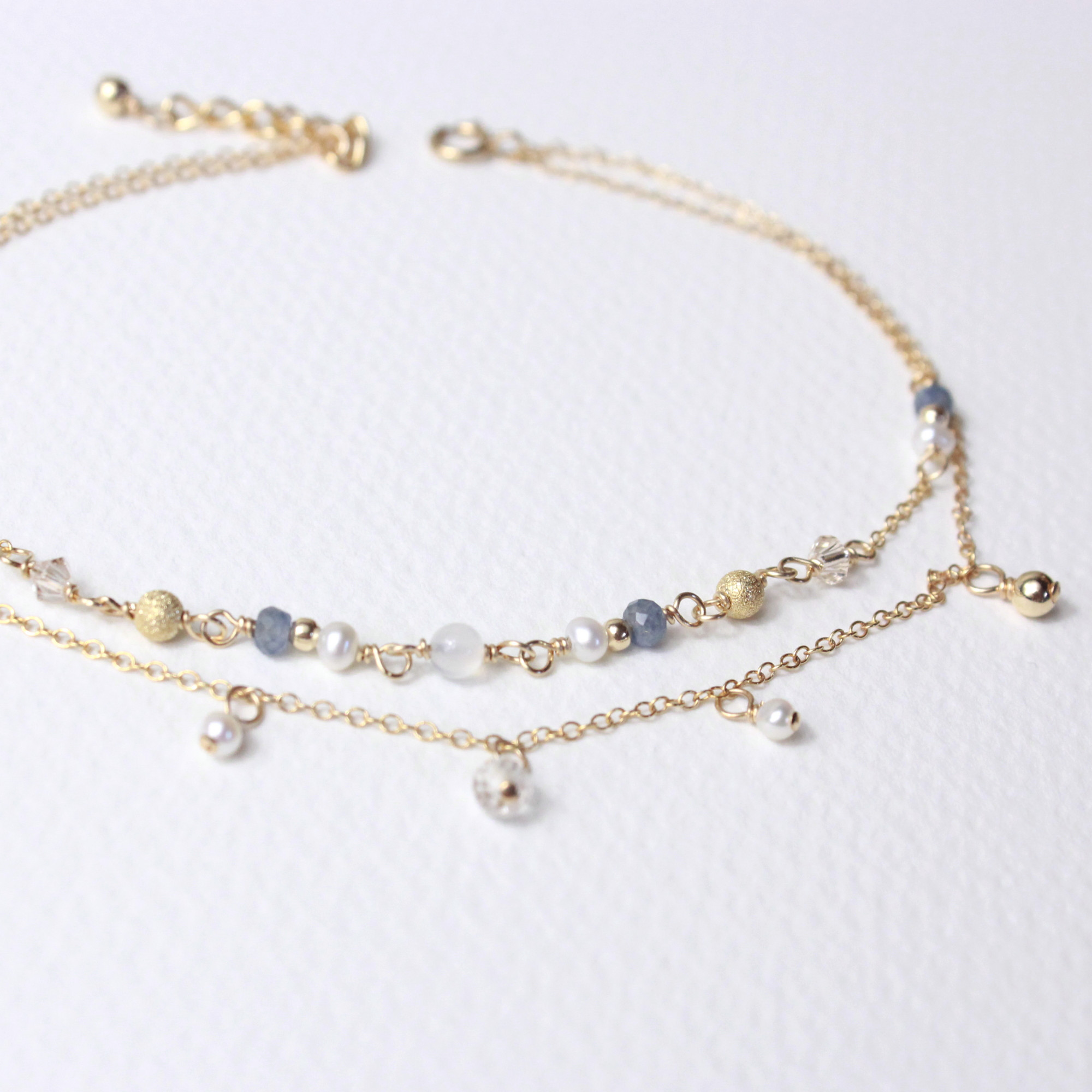 14kgf天然石アンクレット ブルーサファイア×カルセドニー