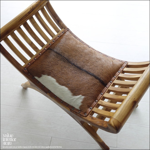 チーク材 無垢材 シングルソファfur/N21 ベンチ 椅子 イス スツール 本皮 毛皮 革製 ハラコ 一人掛け 皮張り 1枚目の画像