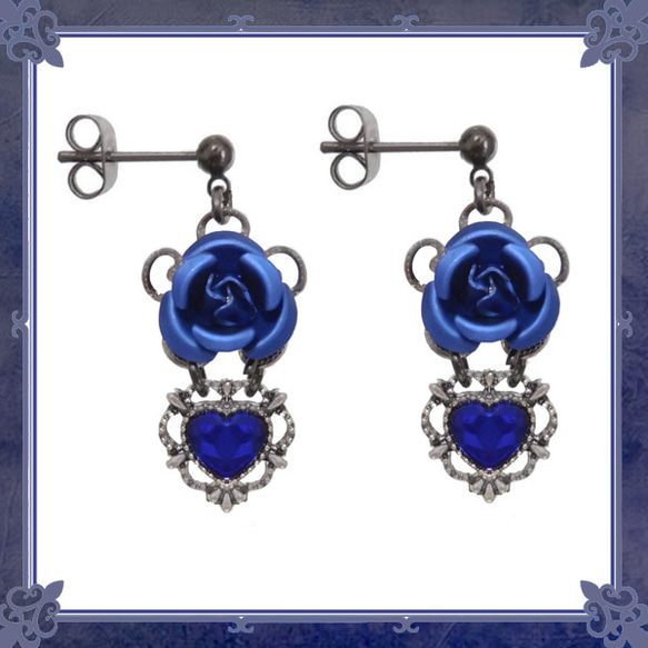 薔薇 バラ ばら ローズ ハート ピアス イヤリング 青ブルー 両耳用 
