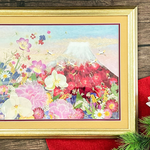 縁起の良い押し花額 お花が乱舞!5羽の鶴がはばたく赤富士アート 縁起の良い押し花額 お花が乱舞!5羽の鶴がはばたく赤富士アート