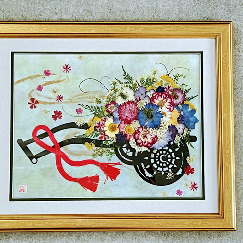 日本の和 豪華なお花の御所車 押し花アート額04 その他アート 日本の和 豪華なお花の御所車 押し花アート額04 その他アート