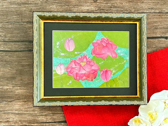 心落ち着く 蓮の押し花アート額 その他アート 神戸六甲 優花