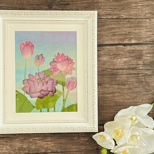 本物の押し花の絵画/額縁有り 凛と心に響く 蓮の押し花アート額 その他アート 神戸六甲 優花 通販