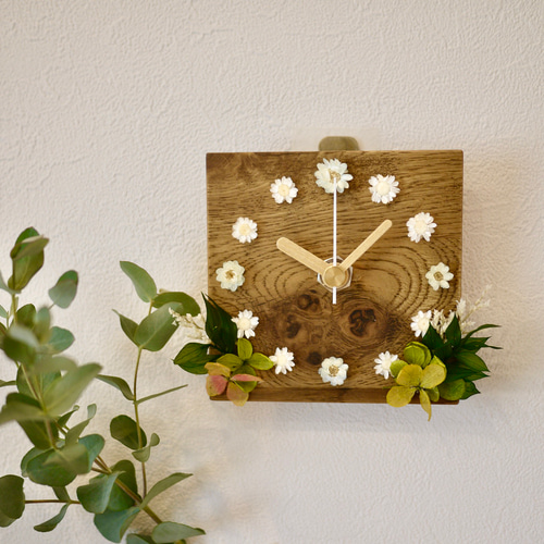 秋色の置き時計・掛け時計 オークとドライフラワーの小さな時計 デスク