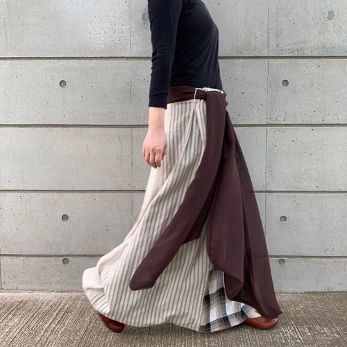 再販】「チョコレートチェックと4つの素材を使った。」フレアマキシ