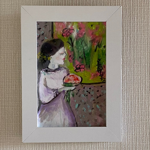 まゆソルシア・ラディア – 白光の開花　絵画原画 絵画 。壁掛け絵原画手描き【窓辺で花を持って思いを寄せる