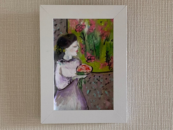 絵画 。壁掛け絵原画手描き【窓辺で花を持って思いを寄せる