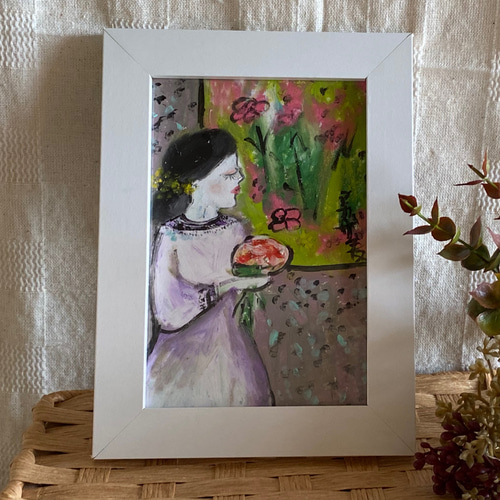絵画 。壁掛け絵原画手描き【窓辺で花を持って思いを寄せる