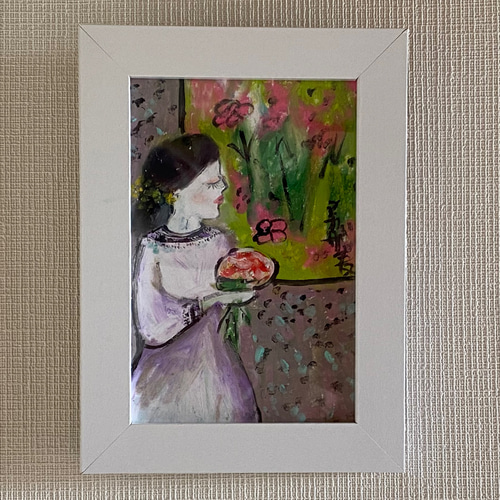 絵画 。壁掛け絵原画手描き【部屋の中で花瓶を片付ける少女とバレエを踊る黒猫】 絵画 。壁掛け絵原画手描き【部屋の中で花瓶を片付ける少女と