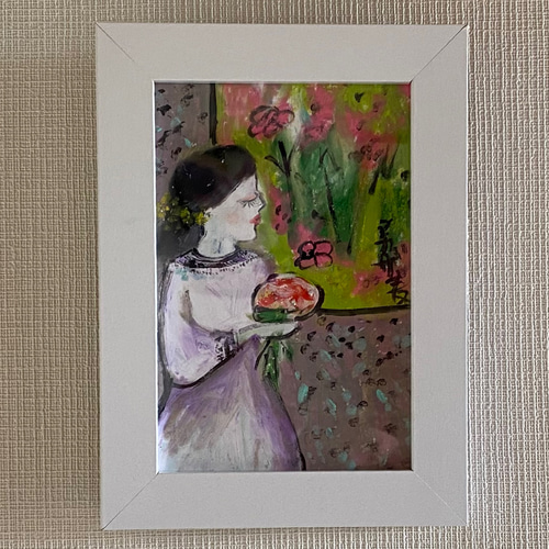 絵画 。壁掛け絵原画手描き【部屋の中で花瓶を片付ける少女とバレエを踊る黒猫】 絵画 。壁掛け絵原画手描き【窓辺で花を持って思いを寄せる