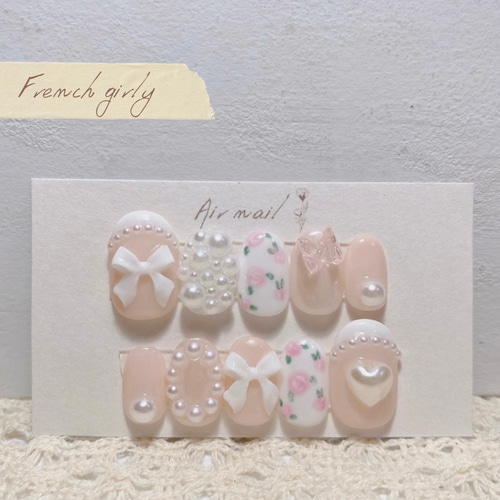 ネイルチップ フレンチガーリー ホロフラワー リボン 薔薇