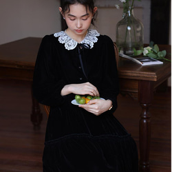 フレンチリネンフリル襟レースハイウエストワンピース。.＊ 取り外し