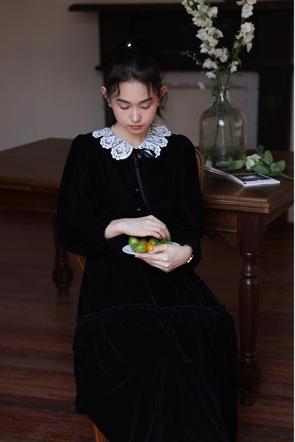 フェミニンなレース襟ワンピース ハイウェストワンピース ロングワンピ