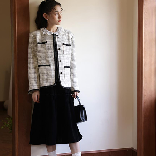 フェミニンなレース襟ワンピース ハイウェストワンピース ロングワンピ