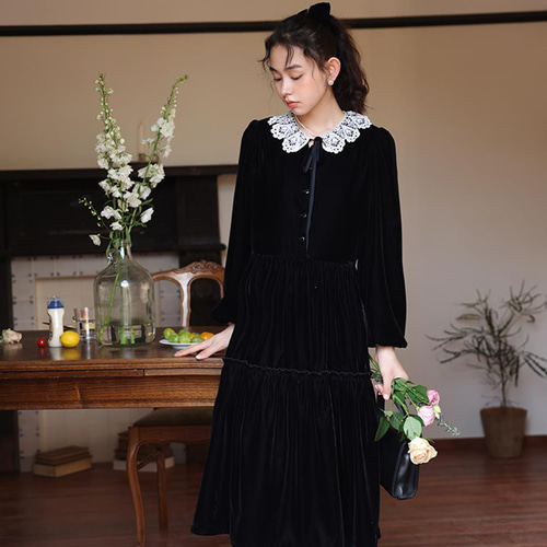 フェミニンなレース襟ワンピース ハイウェストワンピース ロングワンピ