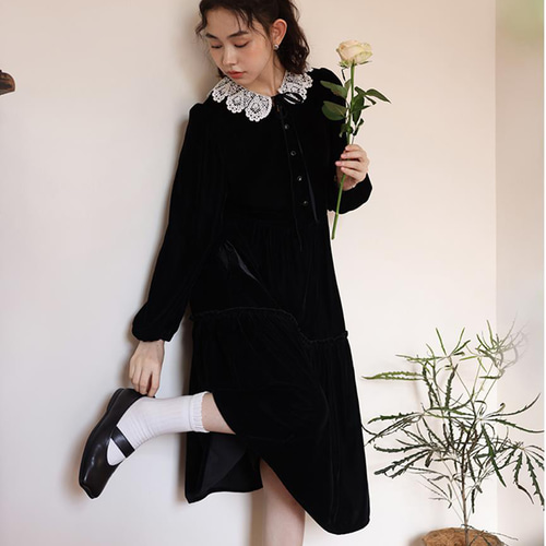 フェミニンなレース襟ワンピース ハイウェストワンピース ロングワンピ