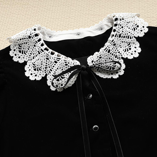 フェミニンなレース襟ワンピース ハイウェストワンピース ロングワンピ