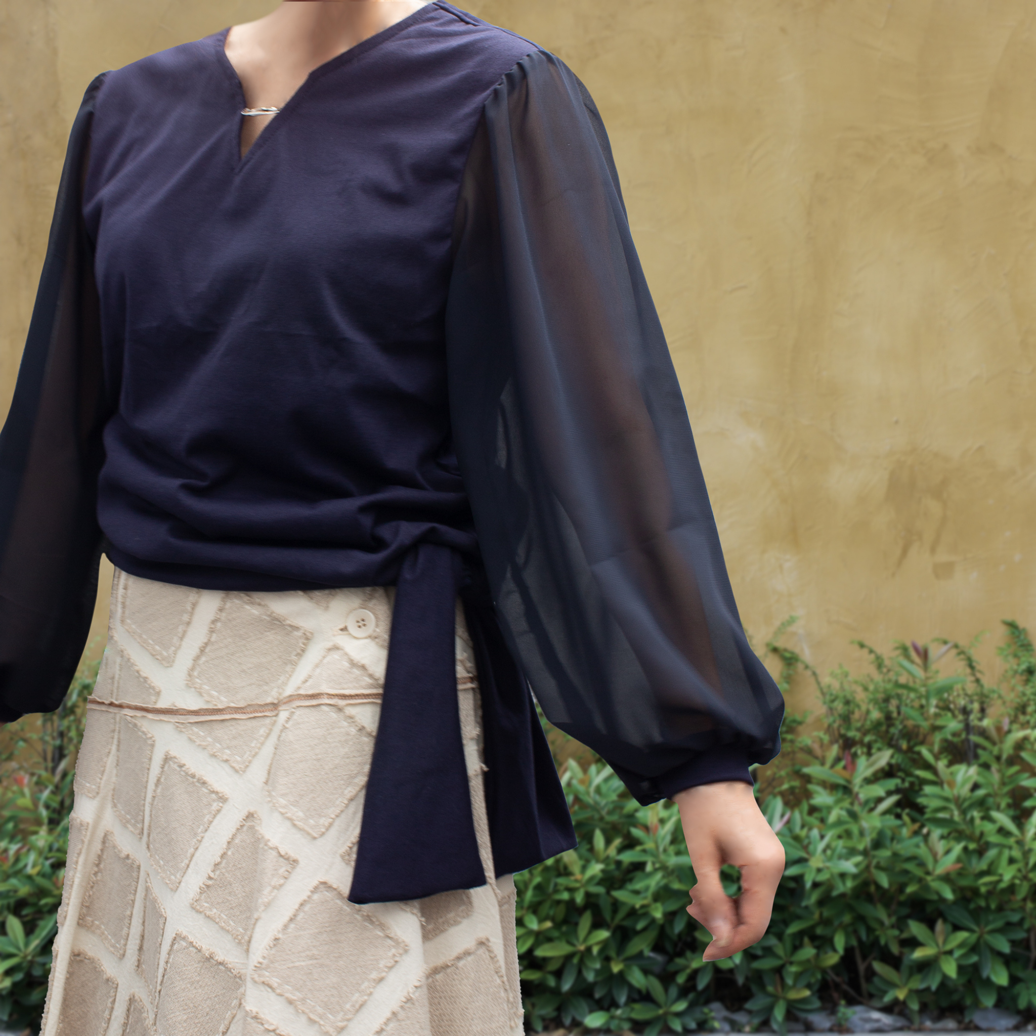 PSNY 胸元アクセント シースルー・トップス★ダークブルー ブラウス 2way コーデ TP10