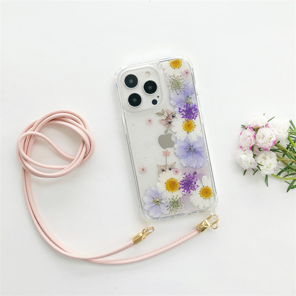 スマホショルダー ねこと紫陽花押し花ケース iPhone14Pro/SEスマホリング 斜め掛け ストラップスマホケース 3枚目の画像