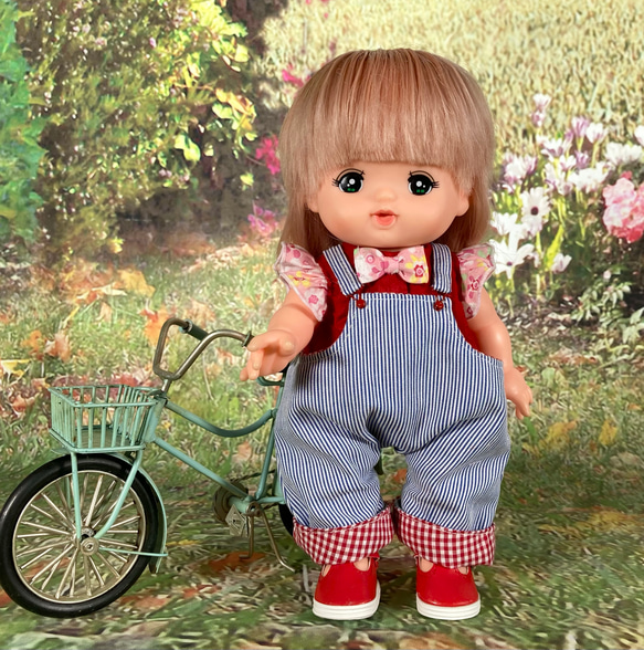 224 ソラン メルちゃん オーバーオール サロペット メルちゃん､ソランちゃん、オーバーオール＆フリルブラウス(靴込み)3点