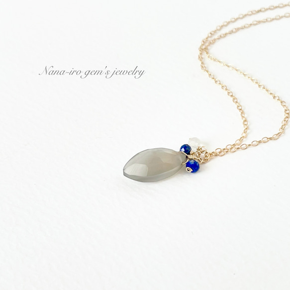 14kgf  gray moonstone × lapis necklace 7枚目の画像