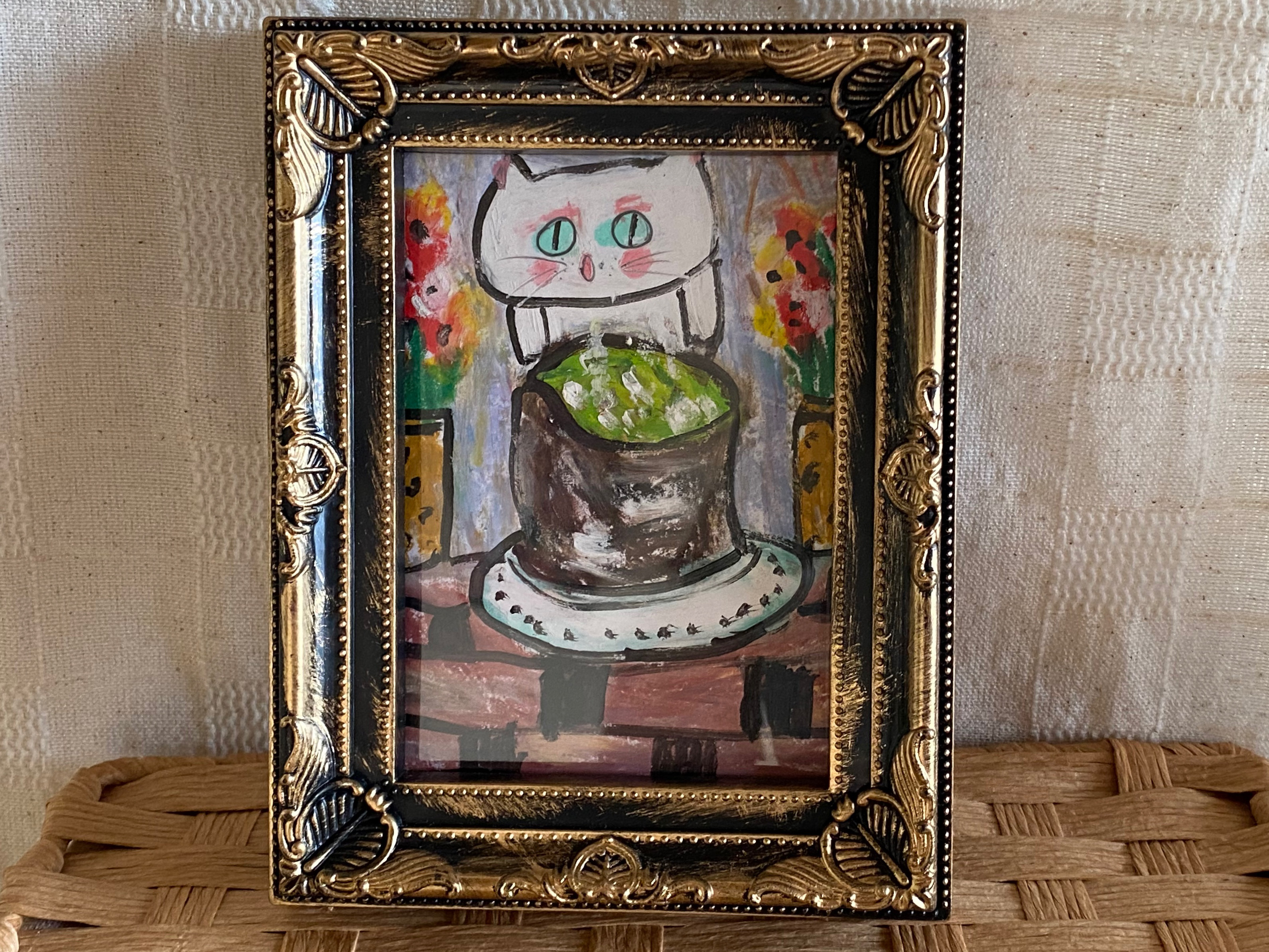 絵画。原画【かわいい白猫はテーブルの上のウーロン茶を飲みたい