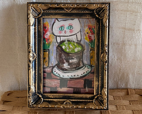 絵画。原画【喫茶店のかわいい白い猫】 絵画。原画【かわいい白猫はテーブルの上のウーロン茶を飲みたい