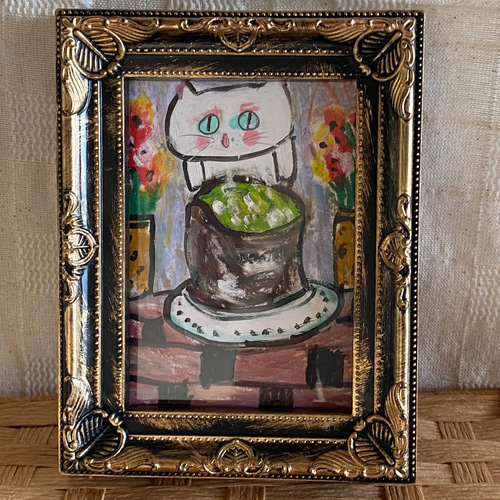 絵画。原画【シャム猫は週末にきれいで暖かい部屋を配置してからコーヒーを飲みます】 絵画。原画【かわいい白猫はテーブルの上のウーロン茶を飲みたい