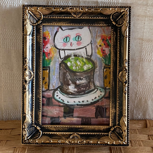 絵画 。手描き【かわいい猫たちが花、ワイン、果物のテーブルを囲んでいる】 絵画。原画【かわいい白猫はテーブルの上のウーロン茶を飲みたい