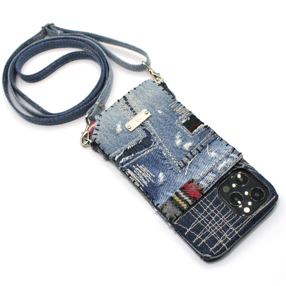ウールチェックとデニムのおしゃれかわいいスマホショルダー - iPhone全機種,Xperia, AQUOSほか
