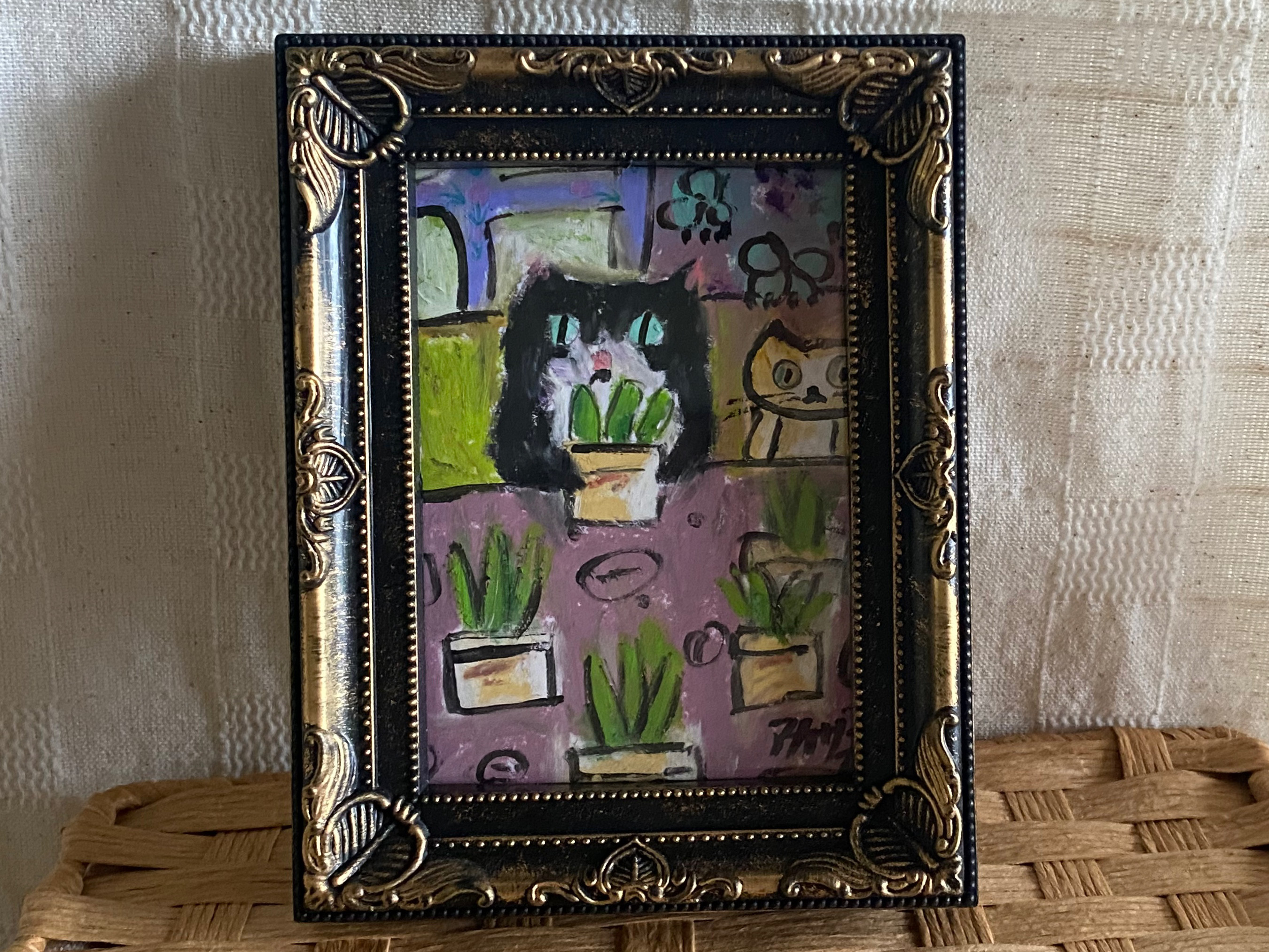 絵画。壁掛け絵原画手描き【猫たちは花が咲いた庭で演奏会を開く】 絵画。壁掛け絵原画手描き【猫たちは花が咲いた庭で演奏会