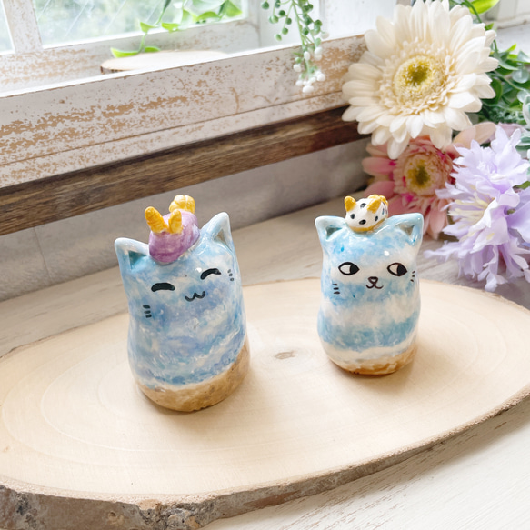 海のにゃんこペーパーウェイト / 陶器 置物 デスク ウミウシ 海辺 波