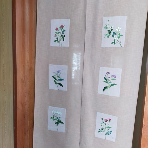 インテリア暖簾 85cm×150cm のれん 刺繍6枚 生成り ベージュ 綿
