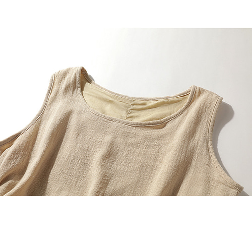 ノースリーブワンピース 綿麻ワンピース 裏地付き S&M ベージュ
