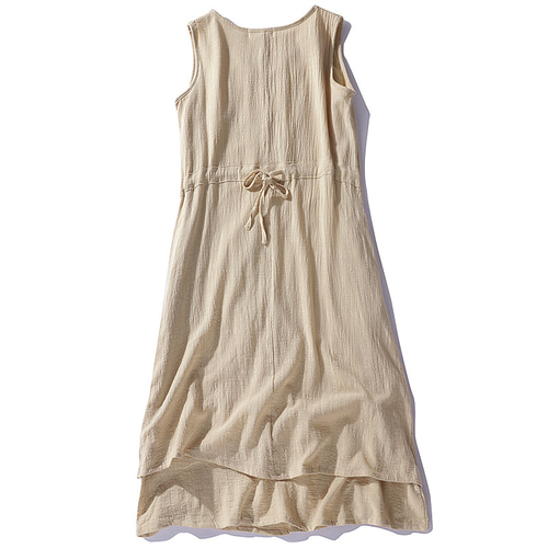 【極美品】René ワンピース ノースリーブ 綿 麻 リボン 裏地付き 36 M ノースリーブワンピース 綿麻ワンピース 裏地付き S&M ベージュ