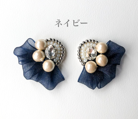 《ribbon×cotton pearl》ビーズ刺繍ピアス＊リボン＊パール＊オケージョン 3枚目の画像