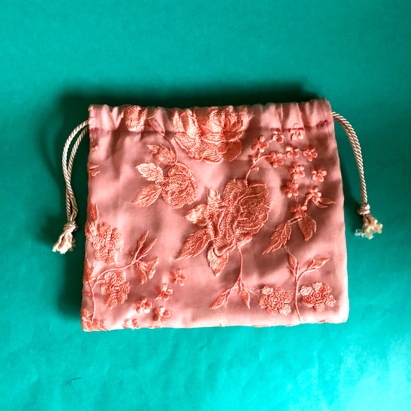 チュール巾着 インド刺繍生地 シースルー巾着 大人ピンクフラワーレース 5枚目の画像