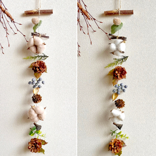 選べるコットンフラワー】 コットンフラワーと木の実 ほっこり癒しの縦  