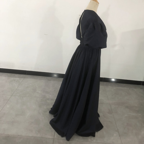 高品質タフタ ネイビー カラードレス Vネック 姫袖 音楽会/発表会  