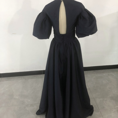 高品質タフタ ネイビー カラードレス Vネック 姫袖 音楽会/発表会  