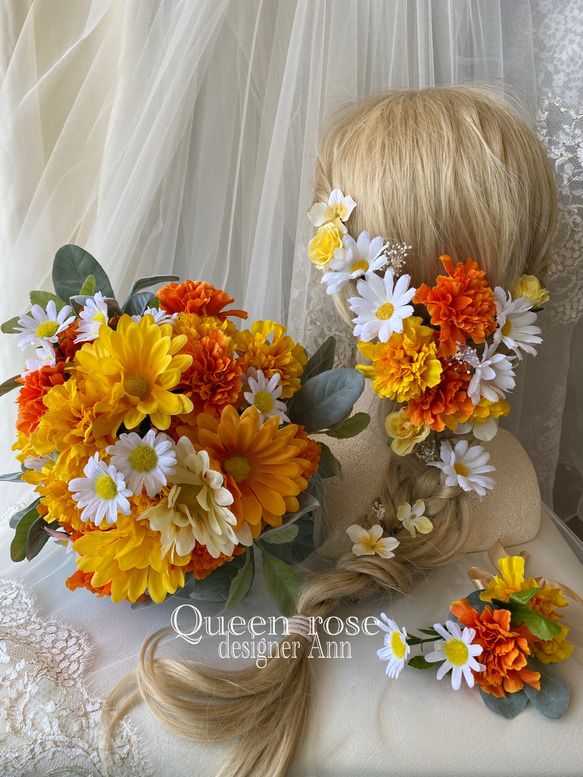 送料無料】Queen rose マリーゴールド ブーケ&ヘッドドレス&ブートニア