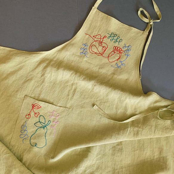 オリジナル刺繍エプロン「果実的な」ライムイエロー エプロン lofty