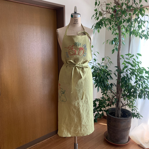 オリジナル刺繍エプロン「果実的な」ライムイエロー エプロン lofty