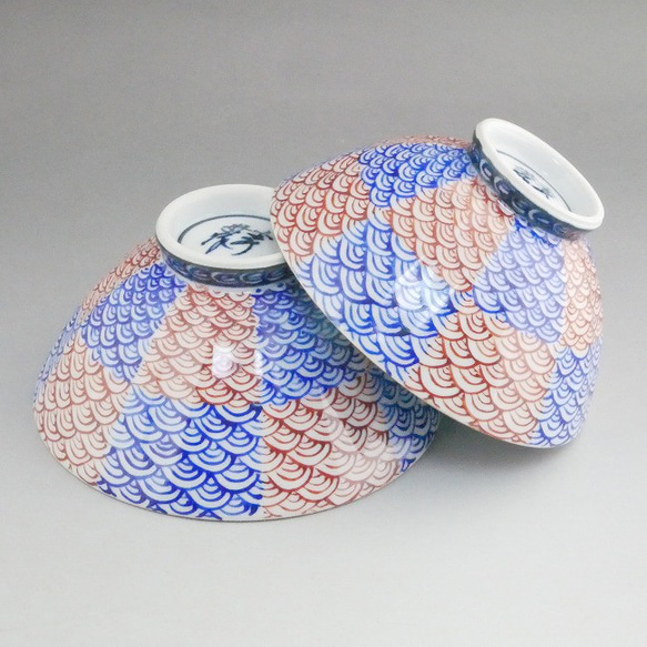 ◆商品番号　12684 青赤市松青海波夫婦湯呑と夫婦茶碗セット　紫峰 ◆商品番号　12684 青赤市松青海波夫婦湯呑と夫婦茶碗セット　紫峰